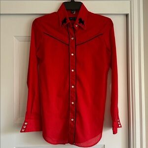 Vintage Western Pearl Button Shirt Ferrari RED with Black Horses M Womens